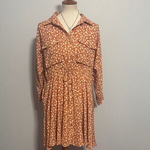 easel Orange Floral Long-Sleeve Tie-Waist Dress